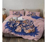 Stars Moon Tiger Duvet Cover Set Twin Size, Cute Cartoon Animals Bedding Set,Teens Adults Room Decor, Pink Soft Microfibe Quilt Cover Hidden Zipper with Pillowcase