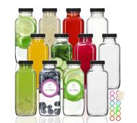 STARSIDE 12 oz Glass Juice Bottles with Lids 12 Pack - Square Reusable Drinking Jars for Juicing, Milk, Kombucha - Includes 1 Bottle Brush, 12 Colored Labels
