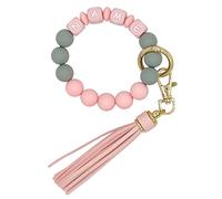 Starsprairie Personalized Bracelet Keychain Elastic Silicone Beaded Key Ring Wristlet Bangle Tassel Portable House Car Keys Ring (Pink+Pink)