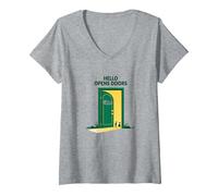 Start with Hello Green: Opens Doors Inspirational Art V-Neck T-Shirt, Women, Heather Grey, XL