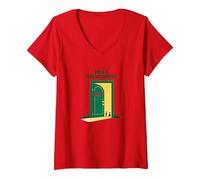 Start with Hello Green: Opens Doors Inspirational Art V-Neck T-Shirt, Women, Red, XXL