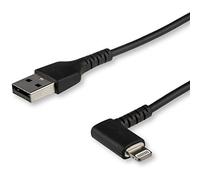 StarTech 1m/3.3ft Angled USB-A to Lightning Cable, Black (RUSBLTMM1MBR) | Right-angled rugged aramid fibre, USB 2.0 480Mbps, Apple MFi Certified, Charge & sync, For iPhone iPad, 90-degree connector