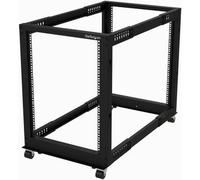 StarTech.com 4-Post 15U Mobile Open Frame Server Rack, Four Post 19" Network Rack with Wheels, Rolling Rack with Adjustable Depth for Computer/AV/Data/IT Equipment - Casters, Leveling Feet or Floor Mounting