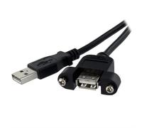 StarTech.com 1 ft Panel Mount USB Cable A to A - F/M. Cable length: 0.3 m. Connector 1: USB A Connector 2: USB A USB version: USB 2.0 Connector gender: Male/Female Product colour: Black