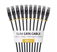 StarTech.com 1m Black Slim CAT6 Cable 10 Pack Snagless 100W PoE UTP LSZH 28AWG Pure Bare Copper Wire Slim RJ45 Network Patch Cord w/Strain Reliefs Individually Tested