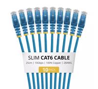 StarTech.com 25cm Blue Slim CAT6 Cable 10 Pack Snagless 100W PoE UTP LSZH 28AWG Pure Bare Copper Wire Slim RJ45 Network Patch Cord w/Strain Reliefs Individually Tested