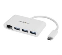 StarTech.com 3-Port USB-C Hub with Gigabit Ethernet - USB-C to 3x USB-A - USB 3.0 Hub - 5Gbps - White Wired USB Ethernet 1000 Mbit/s White