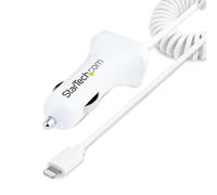 StarTech.com Lightning Car Charger with Coiled Cable, 1m Coiled Lightning Cable, 12W, White, 2 Port USB Car Charger Adapter for Phones and Tablets, Dual USB In Car iPhone Charger