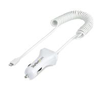 StarTech.com Lightning Car Charger with Coiled Cable, 1m Coiled Lightning Cable, 12W, White, 2 Port USB Car Charger Adapter for Phones and Tablets, Dual USB In Car iPhone Charger