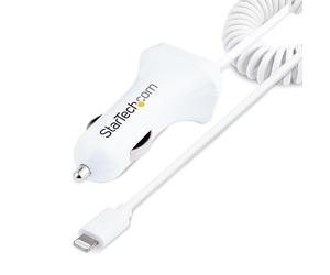StarTech.com Lightning Car Charger with Coiled Cable, 1m Coiled Lightning Cable, 12W, White, 2 Port USB Car Charger Adapter for Phones and Tablets, Dual Device In Car iPhone Charger