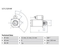 Starter Motor 12V 0.9kW 9 Teeth Fits Rover 200 400 MG Zs ZR Bosch 0 986 019 030