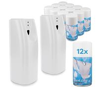 Starter Set - 2 Automatic Air Fresheners & 12 Fresh Linen Aerosol Refill Cans - Commercial Toilet (White)