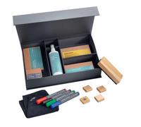 Starter set for boards - Board Marker (4) Wooden Square Magnets (4) Wooden Board Eraser (1) spare pad Magnetic Cleaning Cloth (1) Cleaning Spray