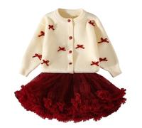 StarTreene Baby Girls Christmas Fall Winter Outfits Bowknot Button Down Long Sleeve Sweater Cardigan Mesh Tulle Tutu Skirts for Special Occasion 3-8 Years Red