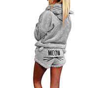 StarTreene Women Pajamas Suit Cozy Two Piece Sleepwear Girls Fleece Meow Embroidered Hoodie Pj Set Lounge Wear Gray UK M/TAG L