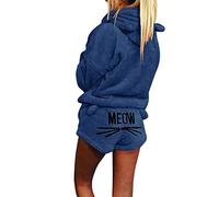 StarTreene Women Pajamas Suit Cozy Two Piece Sleepwear Girls Fleece Meow Embroidered Hoodie Pj Set Lounge Wear Dark Blue UK 3XL/TAG 4XL