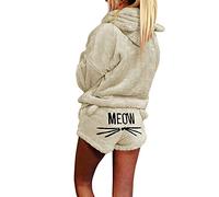 StarTreene Women Pajamas Suit Cozy Two Piece Sleepwear Girls Fleece Meow Embroidered Hoodie Pj Set Lounge Wear Apricot UK 3XL/TAG 4XL