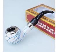StartTAU Wooden Tobacco Smoking Pipe, Chinese Porcelain Style, Bent, Detachable Cigarette Pipe, Bue and White, 102 grams