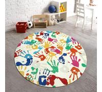 STARUIA Colorful Round Kids Rug 5 Ft, Machine Washable Rug for Playroom, Non-Slip Circle Rugs for Classroom, Soft Circular Carpet Handprints and Footprints Play Mat for Nursery Bedroom Preschool
