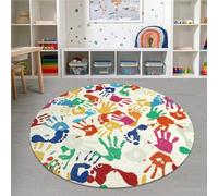 STARUIA Large Round Rug for Classroom 6 Ft, Colorful Circle Rug for Nursery, Washable Kids Rug for Playroom, Soft Circular Carpet Handprints and Footprints Play Mat for Kids Bedroom Toy Room