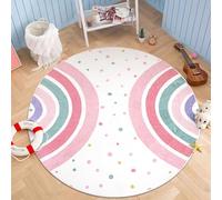STARUIA Pink Round Rug for Girls, 5 ft Rainbow Kids Rug for Nursery, Washable Non-Slip Circle Time Carpet for Kids Room Princess Castle