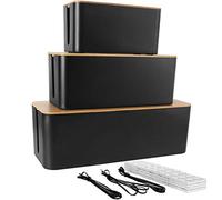 STARVAST Cable Management Box Set With Wooden Lid | 3 Black Large Desk Cable Tidy Boxes | TV Cable Wire Extension Box Organiser for Home Office | Large, Medium, Small