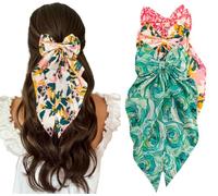 Starvis Printed Satin Hair Bow Women Hair Accessories with Long Tail - Large Vintage Bow Clip for Women and Girls | Handmade Silky Layered Hair Barrettes | Anti-Hair Breakage 90's French Style Satin