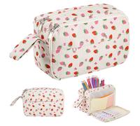 Starvortex Strawberry Pencil Case for Girls, Cute Fabric Pencil Case with 3 Compartments, Large Capacity Pencil Bag with Zipper, Portable Stationery Pencil Pouch for Women Preppy Secondary School