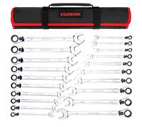 STARWORK True Mechanic™ 20 Pc. Reversible Ratcheting Combination Wrench Set, Non-Slip, Long Pattern, SAE, Metric, Professional, with Portable Roll-Up Pouch Bag