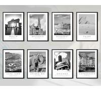State Media Vision Custom City Landmarks Prints in Black & White, Selection of 80 Global Cities, Travel Destination Posters with Coordinates (Set of 4 A4 Black Framed)
