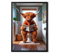 State Media Vision Highland Cow on the Toilet A4 Framed Poster - 25x34cm Size Frame - Bathroom Wall Art (Highland Cow on Toilet 2, A4 Black Framed)