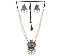 Statement Antique Oxidised Silver Pearls Indian Multi-Layer Handpainted Wedding Ethnic Necklace Jewelry Women, 19 cm, Metal, No Gemstone