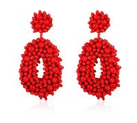 Statement Drop Earrings - Bohemian Beaded Round Dangle Earrings Gift for Women (W-Red)