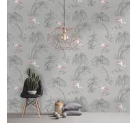 Statement 'Flamingo Lake' Tropical Palm Motif Blush Grey Coral Wallpaper 12381