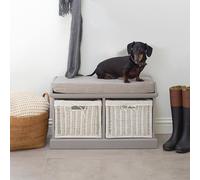 Statement Furniture Tetbury Bench with 2 White Wicker Baskets & Grey Cushion in Light Grey Statement Furniture Light Grey