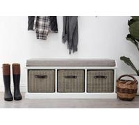 Statement Furniture Tetbury Bench With 3 Grey Faux Rattan Baskets And Grey Cushion- White