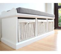 Statement Furniture Tetbury Bench With 3 White Wicker Baskets And Grey Cushion- White