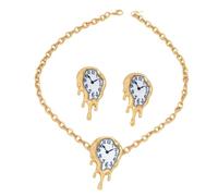 Statement Necklace and Earrings Set Featuring a Melting Clock Design, Gold Tone Alloy Finish with White Clock Face Detail for Party Wear and Daily Accent Looks Surreal Accessory Retro Timepiece Set