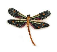 Statement Orange/Green/Fuchsia Crystal Dragonfly Brooch In Gold Tone - 60mm Across