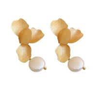 Statement Petal Dangle Earrings for Women, French Retro Gold Plated Flower Earrings with Natural Baroque Pearl, Hypoallergenic Brushed Metal Jewelry for Wedding Prom, 1 Pair Golden
