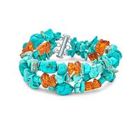 Statement Wide Stabilized Blue Turquoise Golden Orange Amber Resin Chips Multi Strand Bracelet Western Jewelry For Women Teens .925 Sterling Silver Tube Clasp
