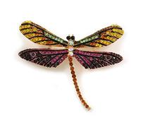 Statement Yellow/Green/Fuchsia/Black Crystal Dragonfly Brooch In Gold Tone - 60mm Across