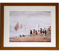 Stateoftheart-uk AUTHENTIC L S Lowry Print - PEOPLE ON THE BEACH - On Textured Art Paper - 20 x 16inch Light Oak Finish Frame With Mount And Large Image