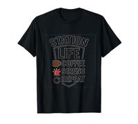 Station Life Firefighter Coffee Sirens Repeat Badge T-Shirt