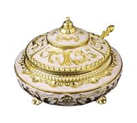 Station Seasoning Bowl with Spoon | Ornate Zinc Alloy Lidded Sugar Server, White Gold Tone Condiment Keeper for Counter Display Dining Service