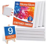 STATIONERY ISLAND 9Pcs Mini Stretched Canvas 10x10cm, Small Canvases for Painting with 1 Easel, 100% Cotton Acid Free Professional Art Canvases for Acrylic Paint, Oil Paint & Mixed Media(4“ X 4”)