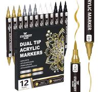 STATIONERY ISLAND Acrylic Paint Pens 12 PCS - Metallic Gold Silver White Black, Dual Tip Fine & Brush Markers, Water Based for Rock Glass Ceramic Wood Metal DIY & Halloween Crafts