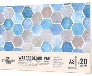 STATIONERY ISLAND Watercolour Paper A3 Pad 300gsm - Natural White 20 Sheets Glue Bound, Cold-Pressed Texture, Watercolour Sketchbook for Painting, Drawing and Mixed Media