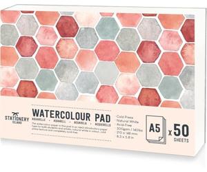 STATIONERY ISLAND Watercolour Paper A5 Pad, 50 Sheets - Natural White 300gsm Glue Bound, Cold-Pressed Texture, Watercolour Sketchbook for Painting, Drawing and Mixed Media