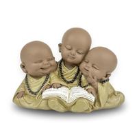 Statue 3 Buddhas Bonze Reading - Inspirational and Cheerful Figure - Lucky Charm Positivity Concentration - H 9 cm - Zen'Light, Brown & Beige